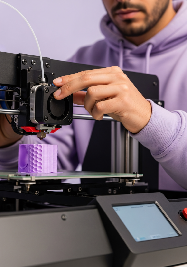 Eine Person in einem lila Kapuzenpulli justiert einen 3D-Drucker, während dieser ein lila Objekt mit sechseckiger Textur erzeugt.