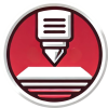 Rundes rotes Logo mit einer stilisierten weißen 3D-Druckerdüse und einem Druckbett.